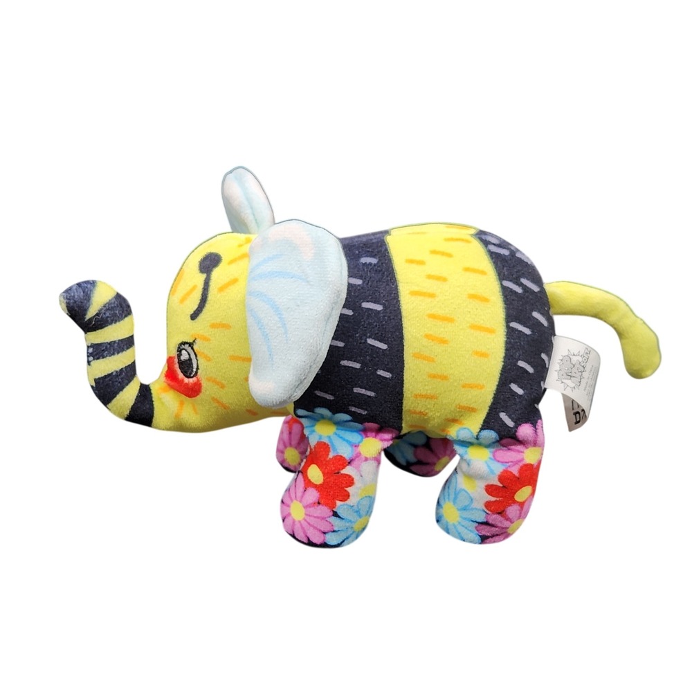 Pop Art Soft Elephant Plush Colorful Floral Bee Stripe Pattern Stuffed Animal 6"